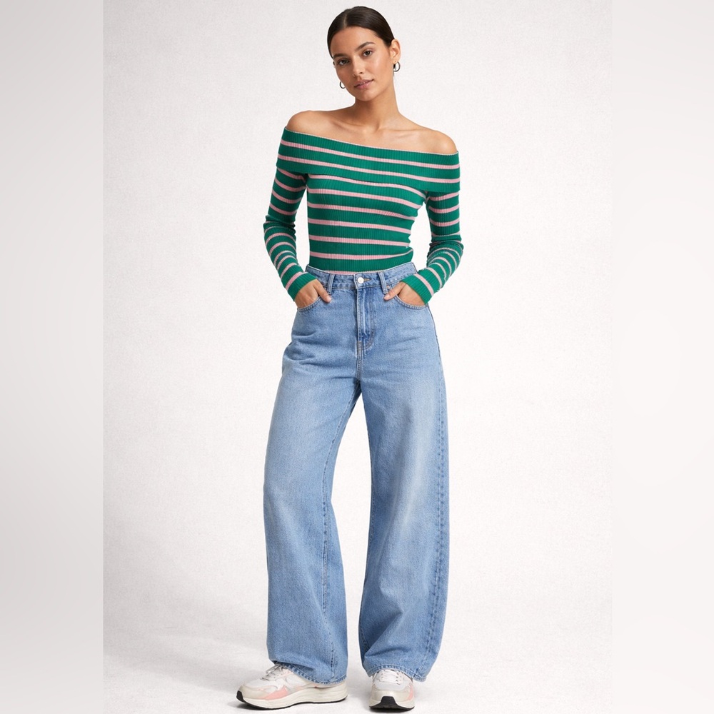 Mango Pink & Green Stripe Off Shoulder Top Size XS
